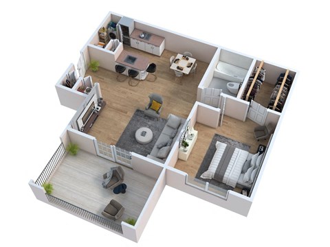 an overhead view of a bedroom with a living room and a dining room